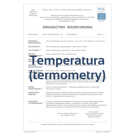 Świadectwo wzorcowania termometru w 3 punktach w laboratorium z akredytacją PCA